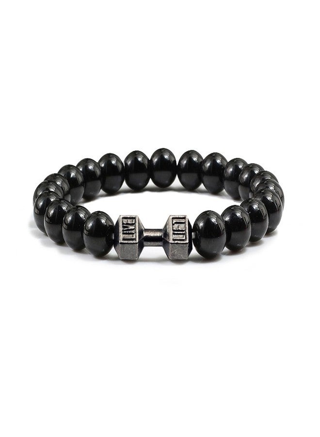 POYAMUSE Dumbbell Charm Beaded Bracelet - Lava Rock Stones Beads Strand Bracelet - Go to Gym Decoration Jewelry (1pcs light black) - Image 1